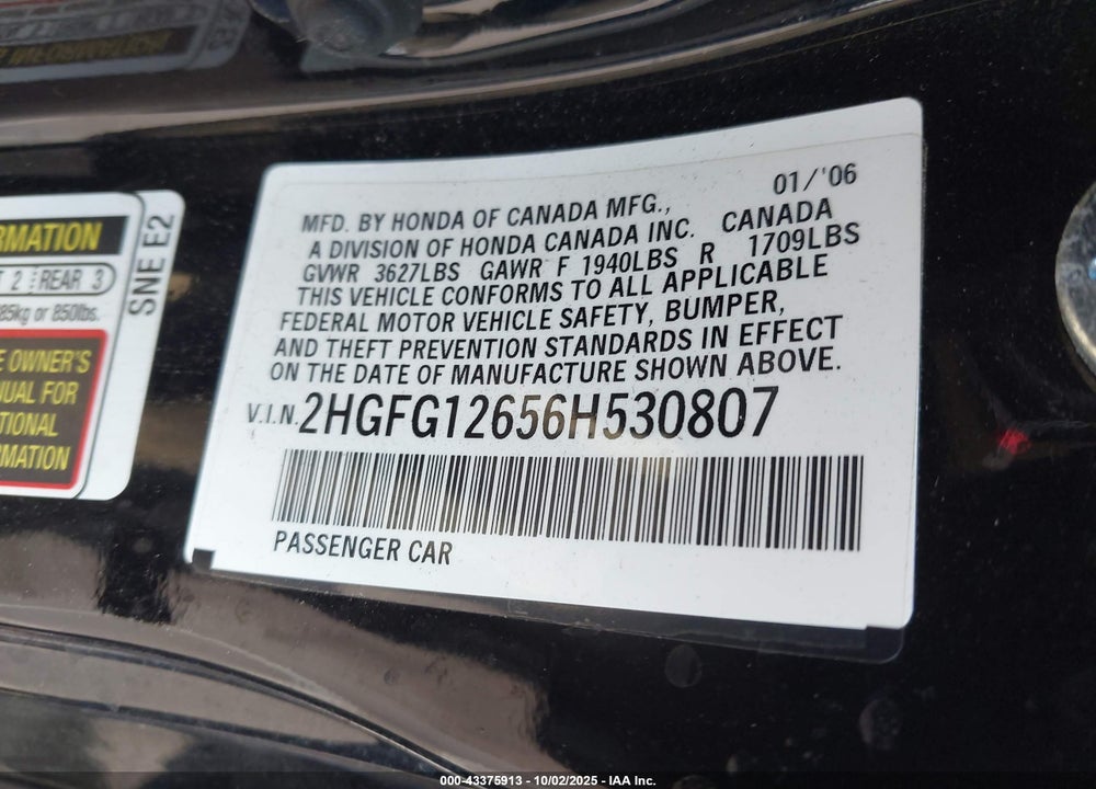 2006 HONDA CIVIC VIN: 2HGFG12656H530807