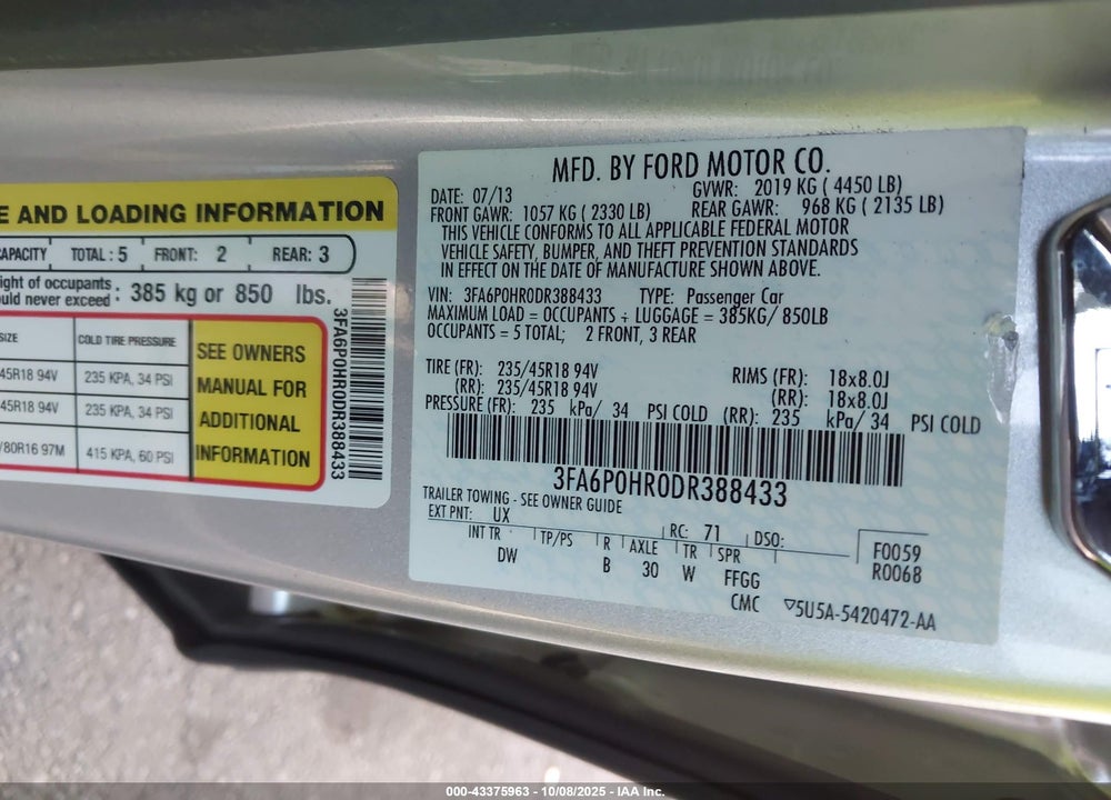2013 FORD FUSION SE VIN: 3FA6P0HR0DR388433