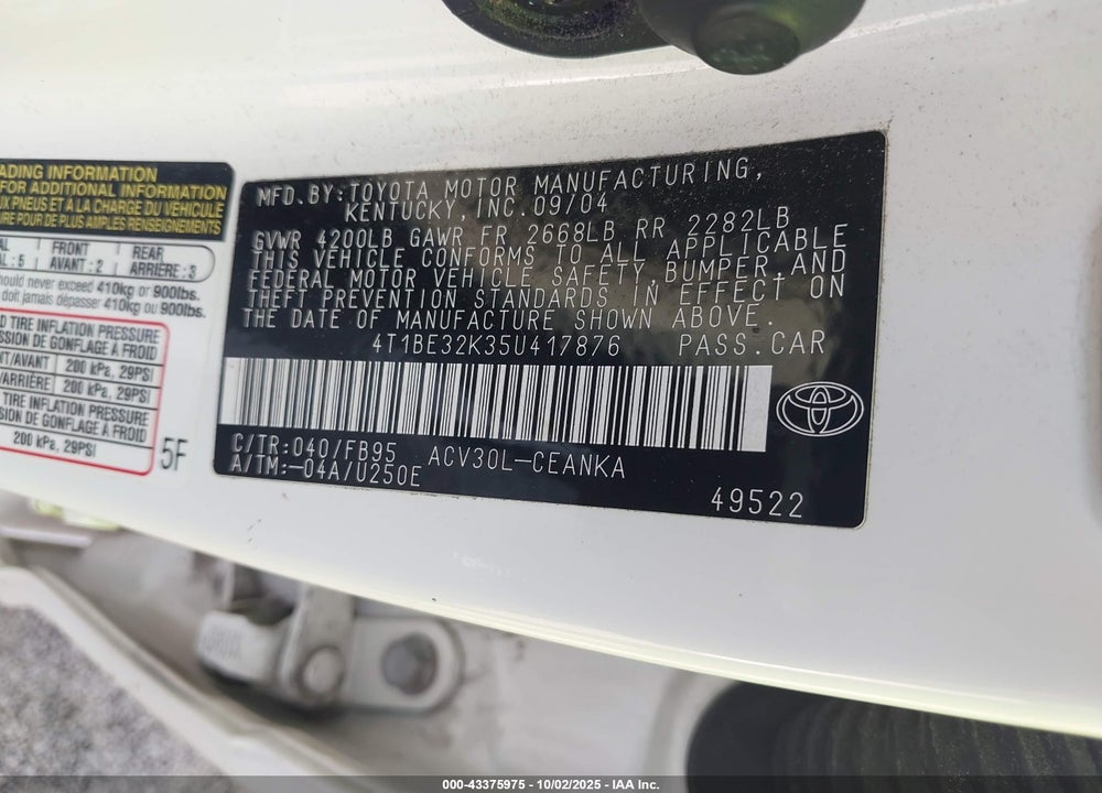2005 TOYOTA CAMRY LE VIN: 4T1BE32K35U417876