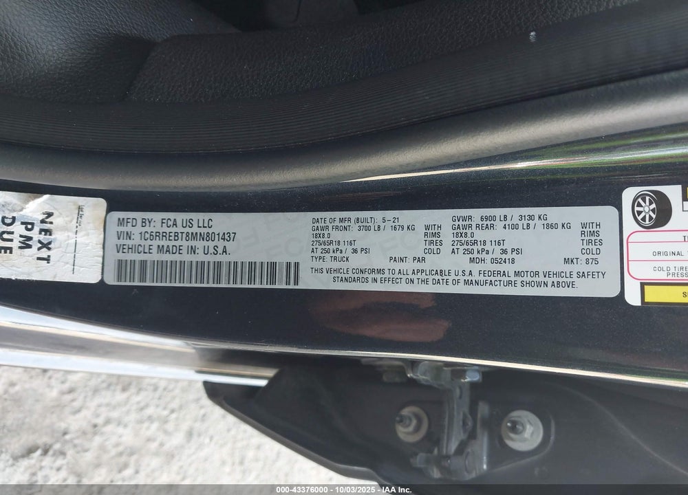 2021 RAM 1500 VIN: 1C6RREBT8MN801437