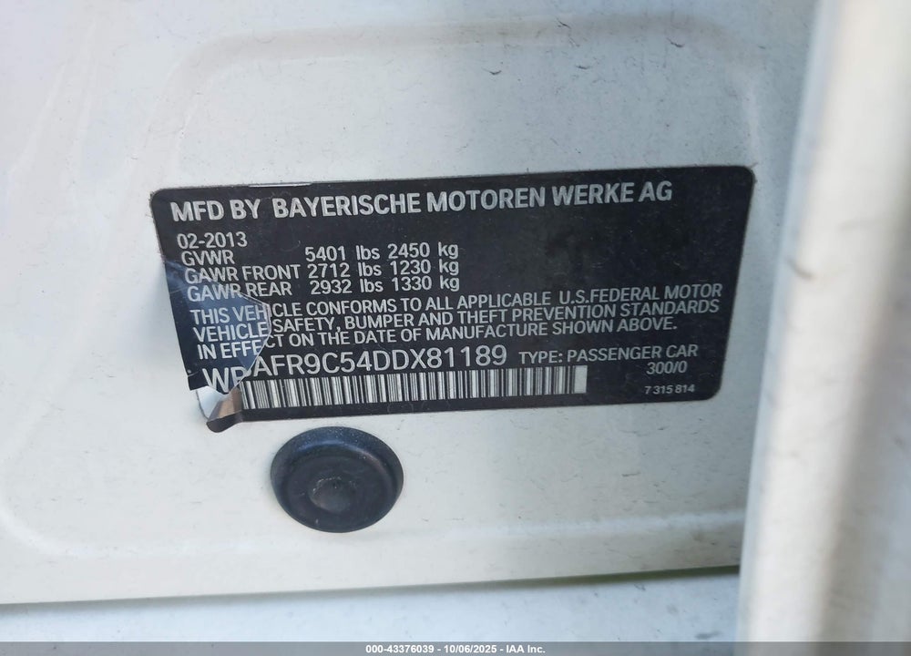 2013 BMW 550I VIN: WBAFR9C54DDX81189