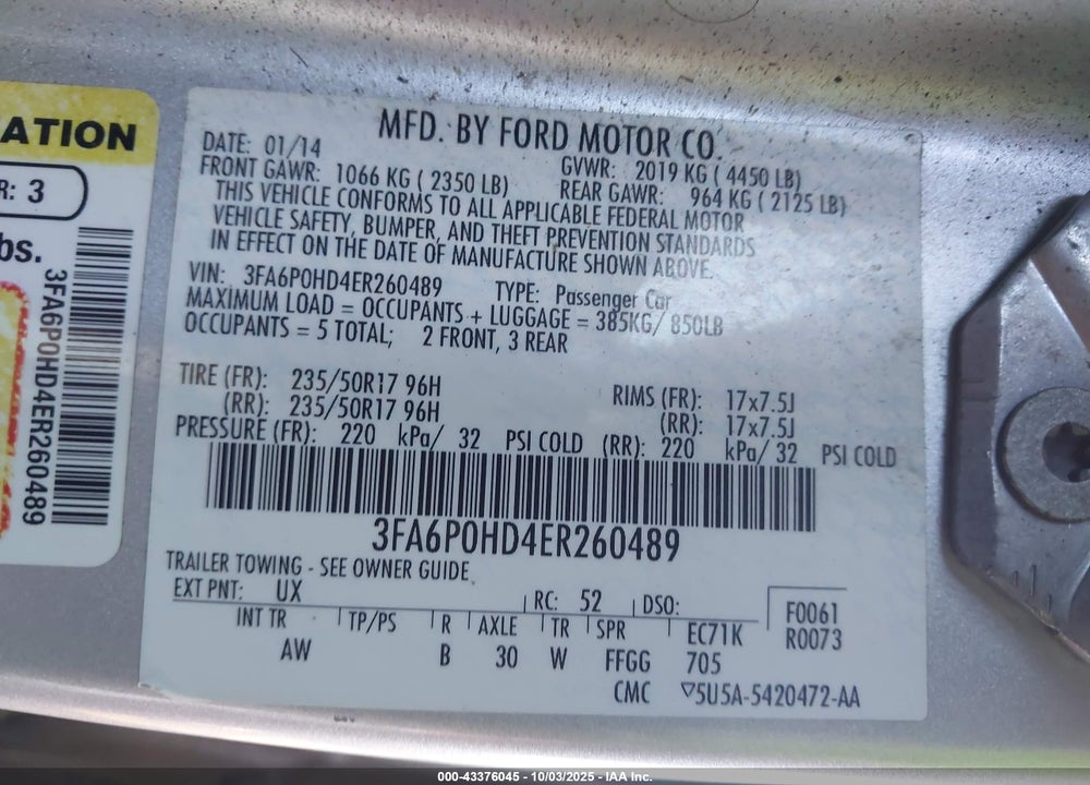 2014 FORD FUSION VIN: 3FA6P0HD4ER260489