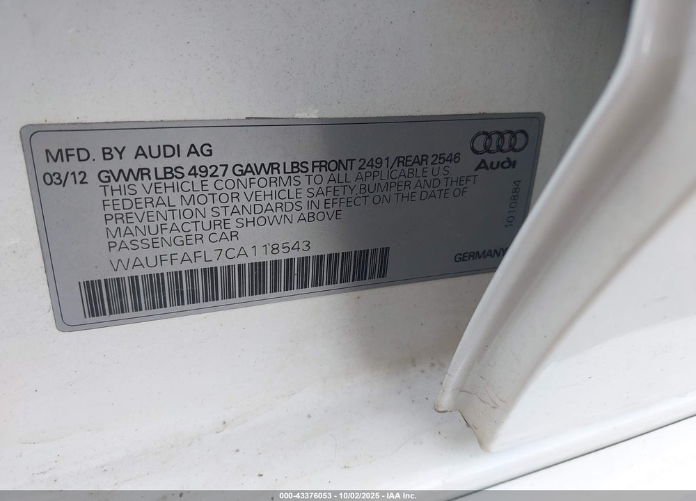 2012 AUDI A4 VIN: WAUFFAFL7CA118543