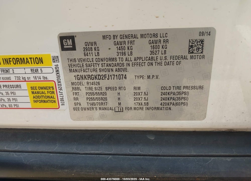 2015 CHEVROLET TRAVERSE 1LT VIN: 1GNKRGKD2FJ171074