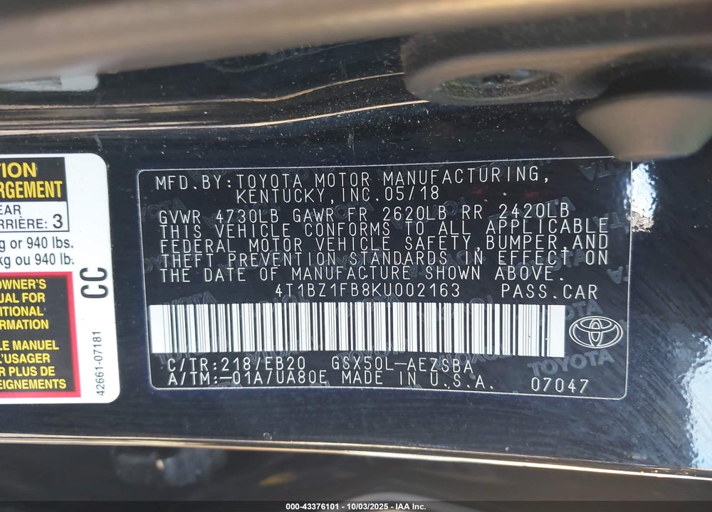 2019 TOYOTA AVALON TOURING VIN: 4T1BZ1FB8KU002163