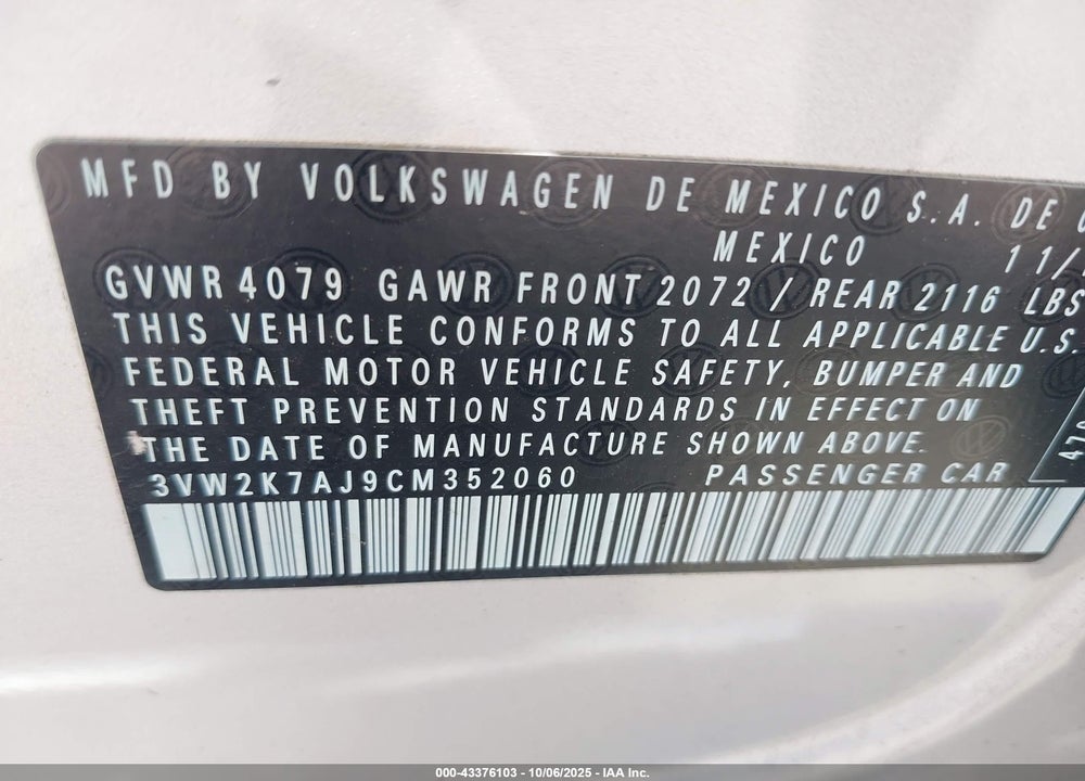 2012 VOLKSWAGEN JETTA 2.0L S VIN: 3VW2K7AJ9CM352060