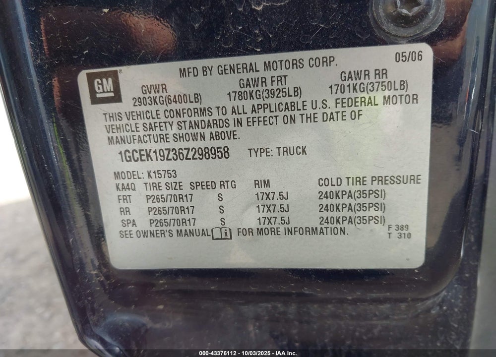 2006 CHEVROLET SILVERADO 1500 VIN: 1GCEK19Z36Z298958