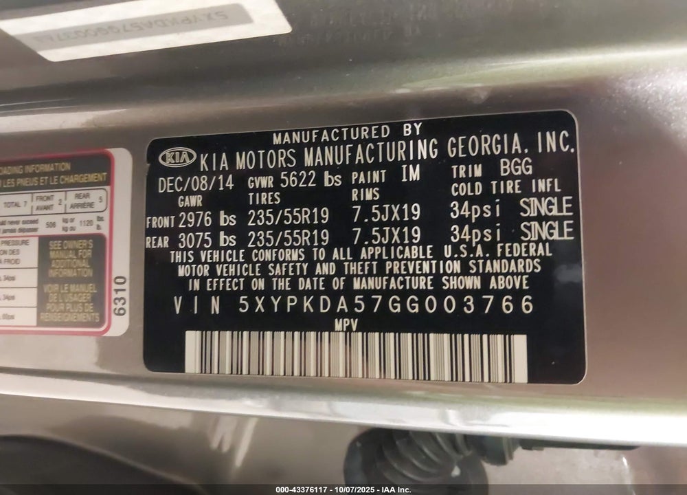 2016 KIA SORENTO VIN: 5XYPKDA57GG003766