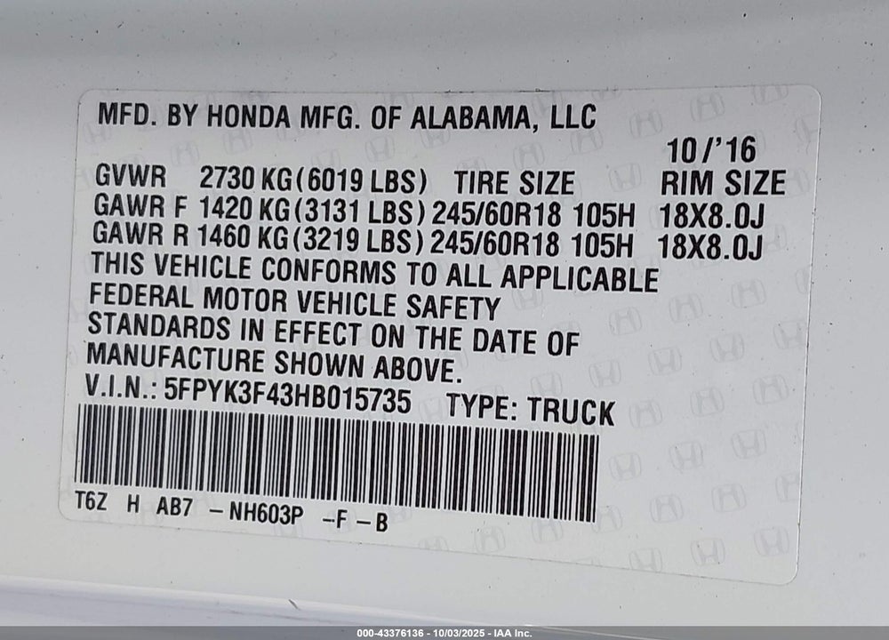 2017 HONDA RIDGELINE VIN: 5FPYK3F43HB015735