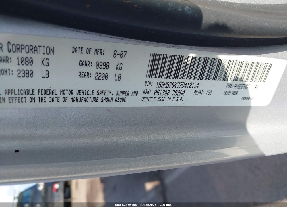 2007 DODGE CALIBER R/T VIN: 1B3HB78K37D412154