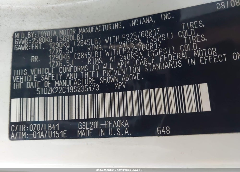 2009 TOYOTA SIENNA XLE VIN: 5TDZK22C19S235473