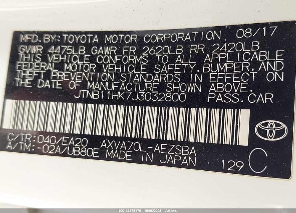 2018 TOYOTA CAMRY VIN: JTNB11HK7J3032800