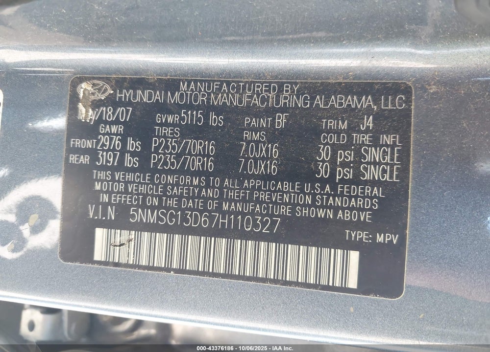 2007 HYUNDAI SANTA FE VIN: 5NMSG13D67H110327