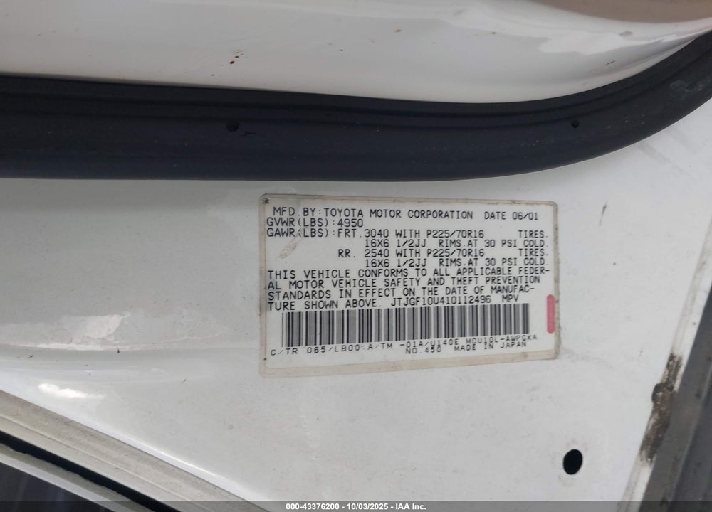 2001 LEXUS RX 300 VIN: JTJGF10U410112496