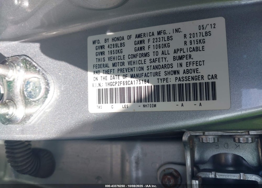 2012 HONDA ACCORD VIN: 1HGCP2F69CA175184