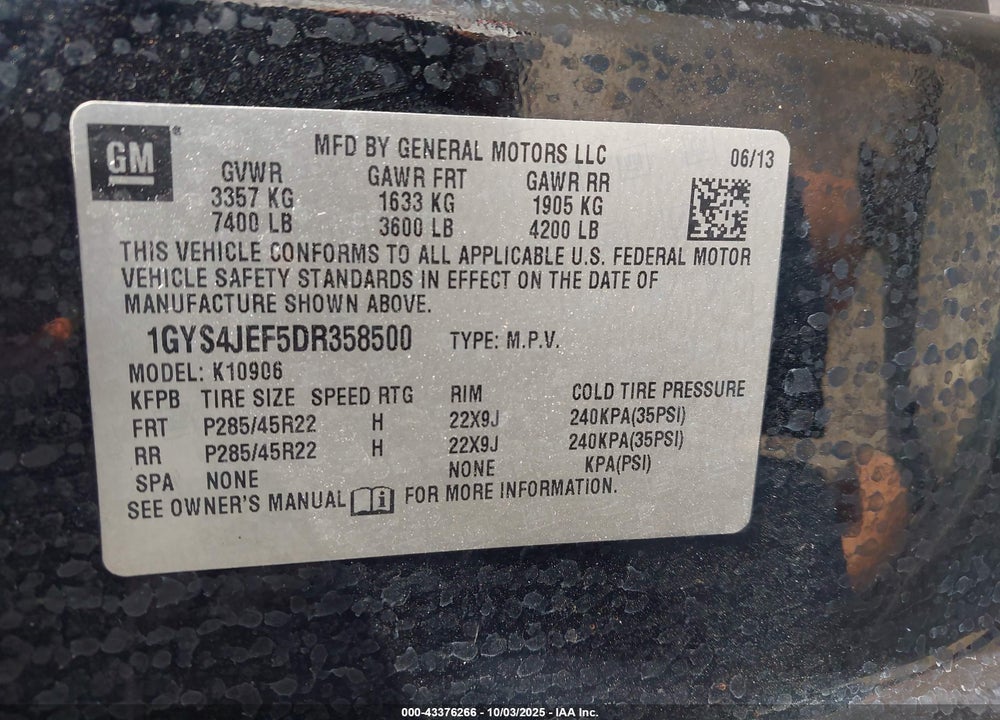 2013 CADILLAC ESCALADE ESV VIN: 1GYS4JEF5DR358500