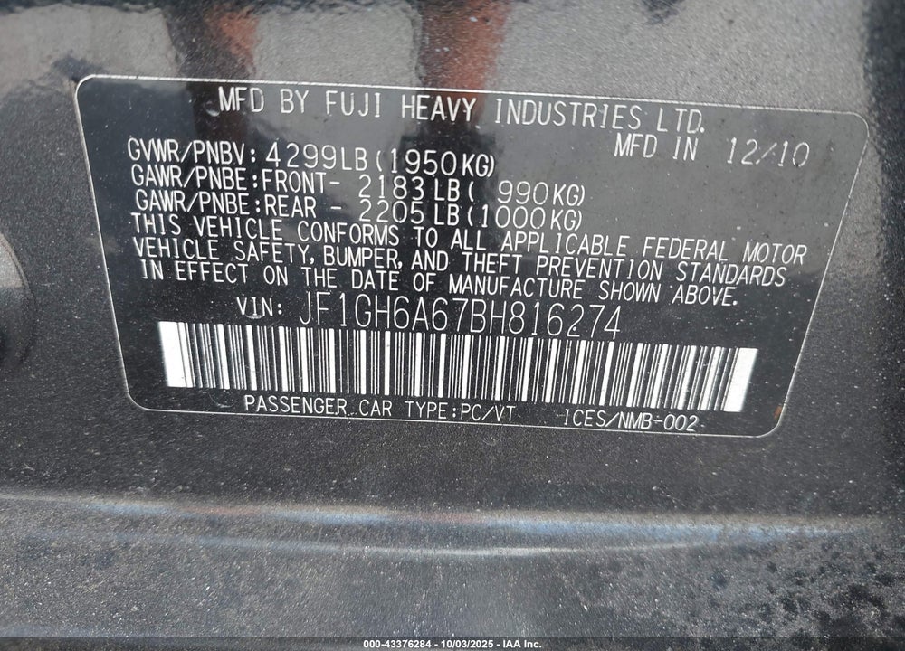 2011 SUBARU IMPREZA VIN: JF1GH6A67BH816274