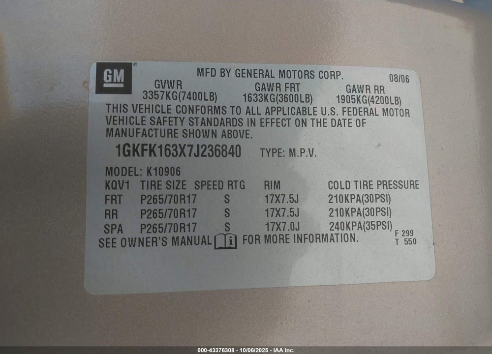 2007 GMC YUKON XL 1500 SLE VIN: 1GKFK163X7J236840