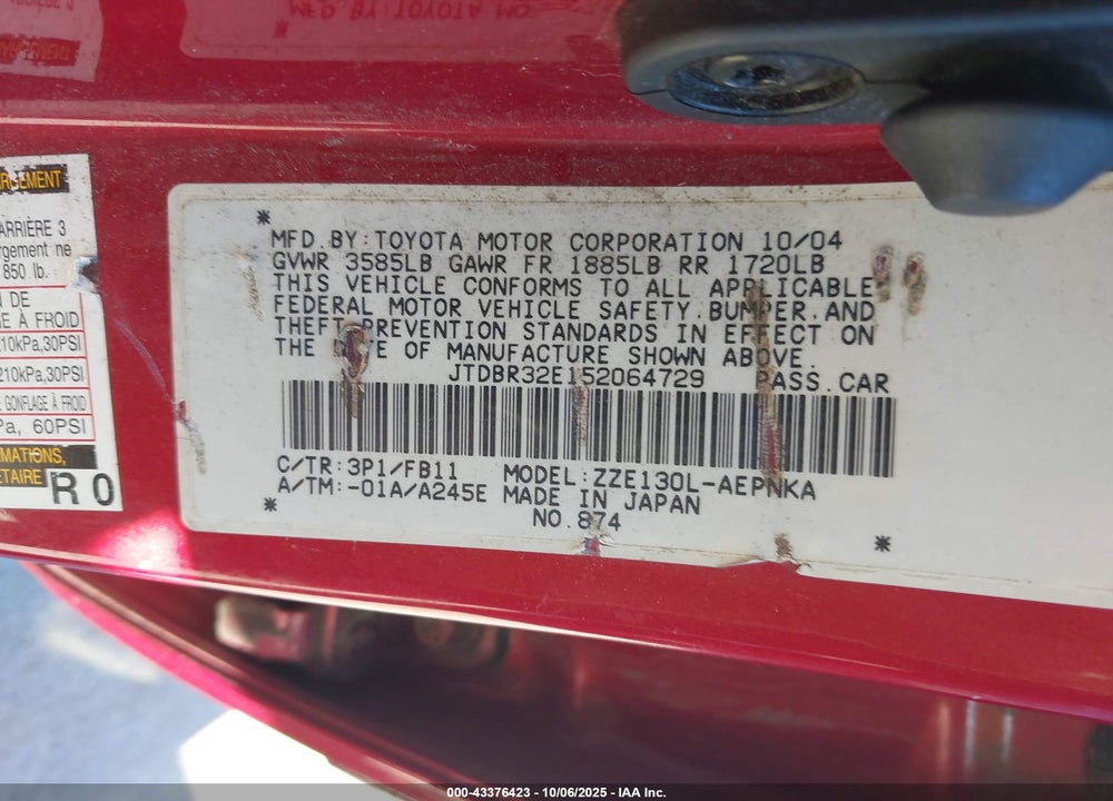 2005 TOYOTA COROLLA VIN: JTDBR32E152064729
