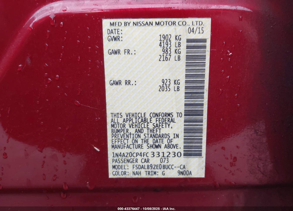 2015 NISSAN LEAF VIN: 1N4AZ0CP4FC331230