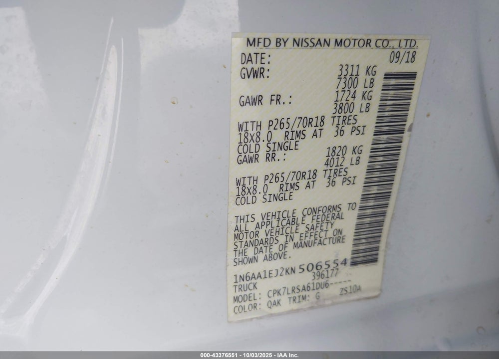 2019 NISSAN TITAN VIN: 1N6AA1EJ2KN506554