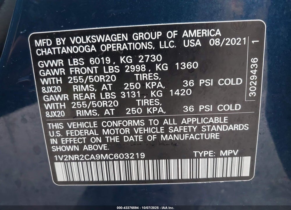 2021 VOLKSWAGEN ATLAS VIN: 1V2NR2CA9MC603219