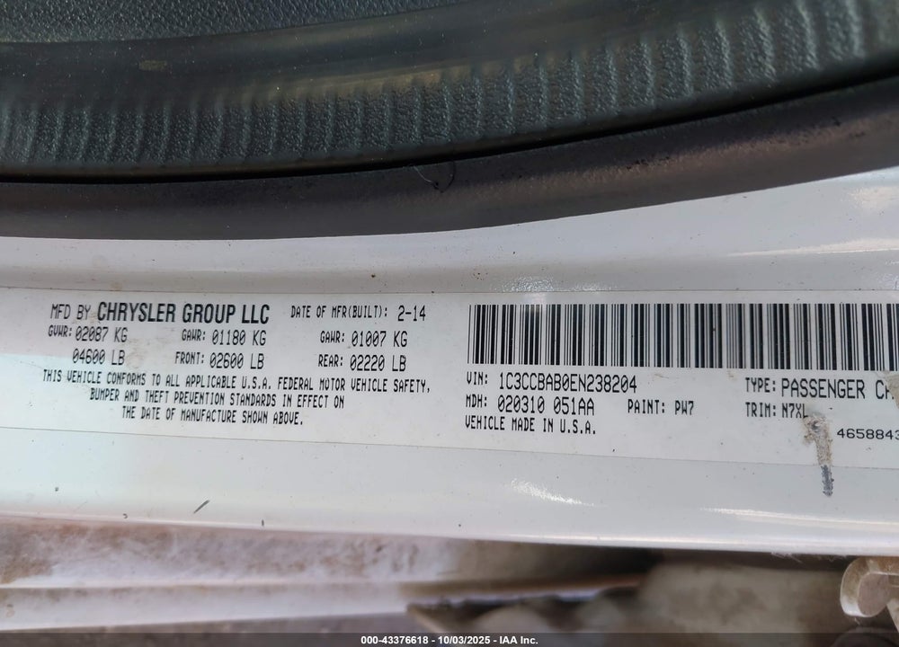 2014 CHRYSLER 200 VIN: 1C3CCBAB0EN238204