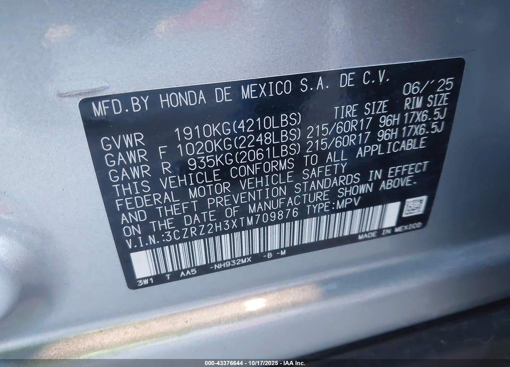 2026 HONDA HR-V AWD LX VIN: 3CZRZ2H3XTM709876
