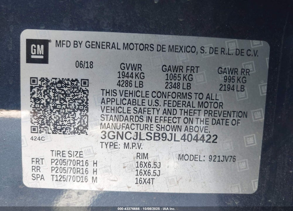 2018 CHEVROLET TRAX LT VIN: 3GNCJLSB9JL404422