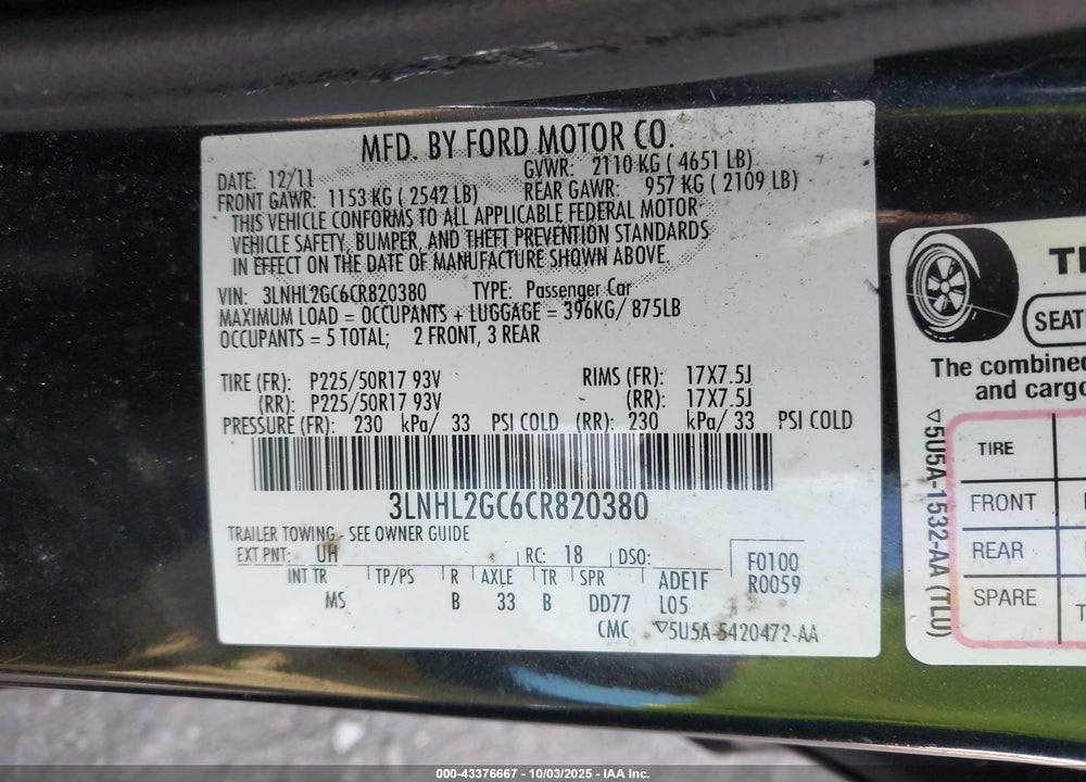 2012 LINCOLN MKZ VIN: 3LNHL2GC6CR820380