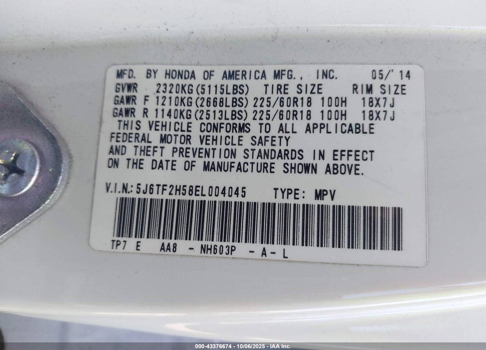 2014 HONDA CROSSTOUR VIN: 5J6TF2H58EL004045