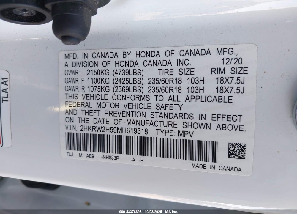 2021 HONDA CR-V AWD EX VIN: 2HKRW2H59MH619318