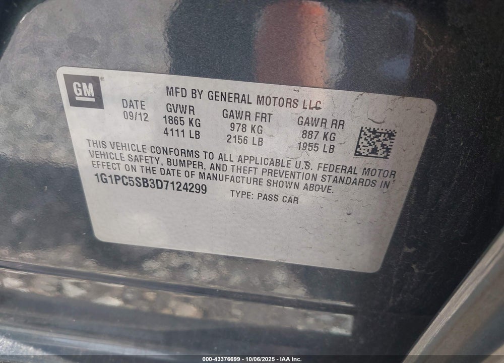 2013 CHEVROLET CRUZE VIN: 1G1PC5SB3D7124299
