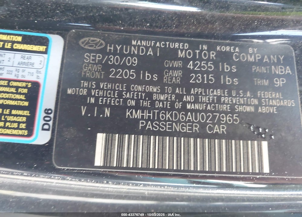 2010 HYUNDAI GENESIS 2.0T VIN: KMHHT6KD6AU027965