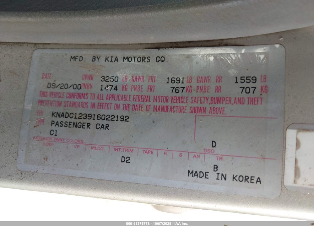 2001 KIA RIO VIN: KNADC123916022192