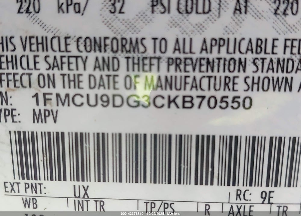2012 FORD ESCAPE VIN: 1FMCU9DG3CKB70550
