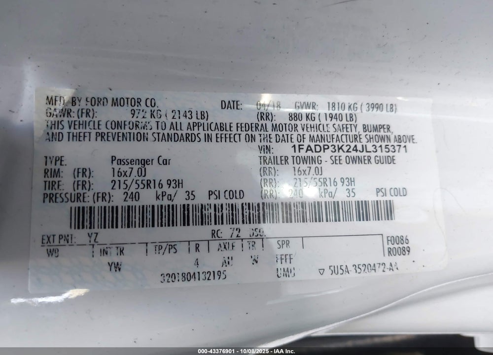 2018 FORD FOCUS VIN: 1FADP3K24JL315371