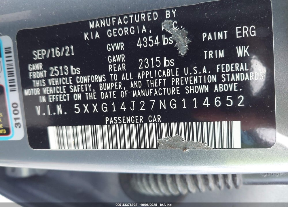 2022 KIA K5 LXS VIN: 5XXG14J27NG114652