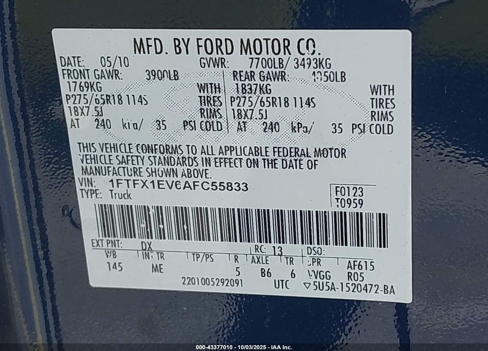 2010 FORD F-150 FX4/LARIAT/XL/XLT VIN: 1FTFX1EV6AFC55833