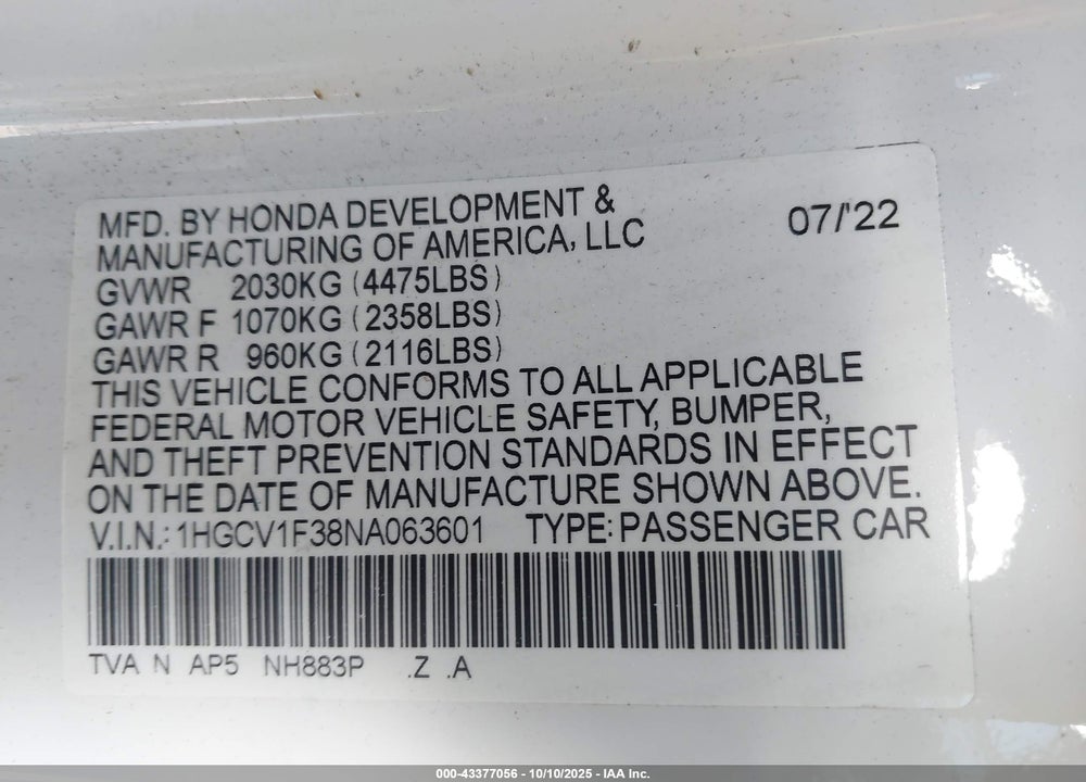 2022 HONDA ACCORD SPORT VIN: 1HGCV1F38NA063601