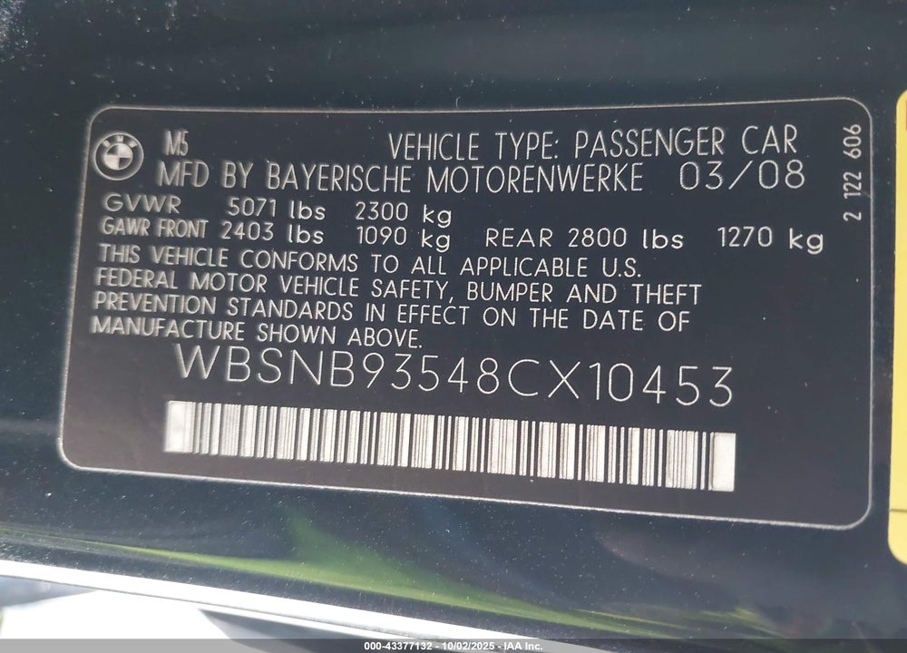 2008 BMW M5 VIN: WBSNB93548CX10453