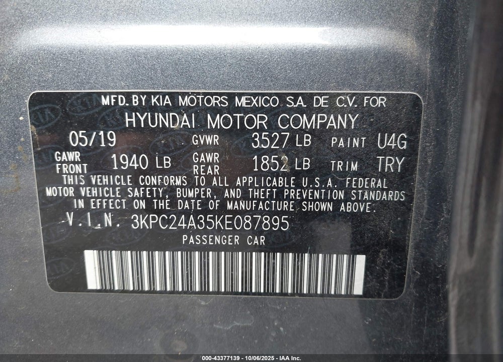2019 HYUNDAI ACCENT SEL VIN: 3KPC24A35KE087895