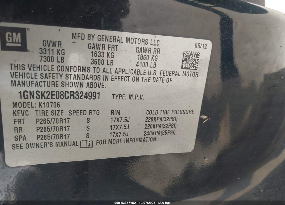 2012 CHEVROLET TAHOE VIN: 1GNSK2E08CR324991