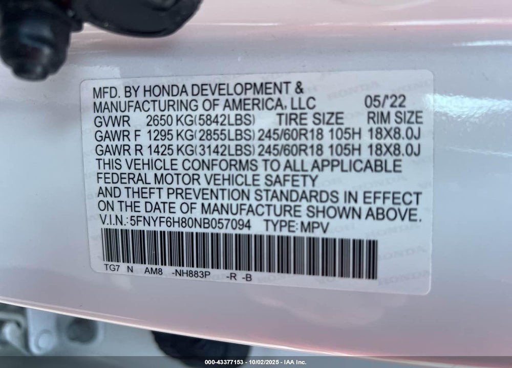 2022 HONDA PILOT VIN: 5FNYF6H80NB057094