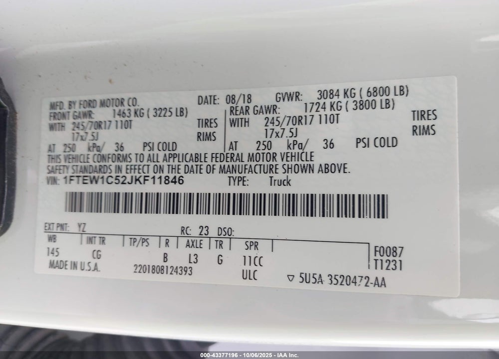 2018 FORD F-150 XL VIN: 1FTEW1C52JKF11846