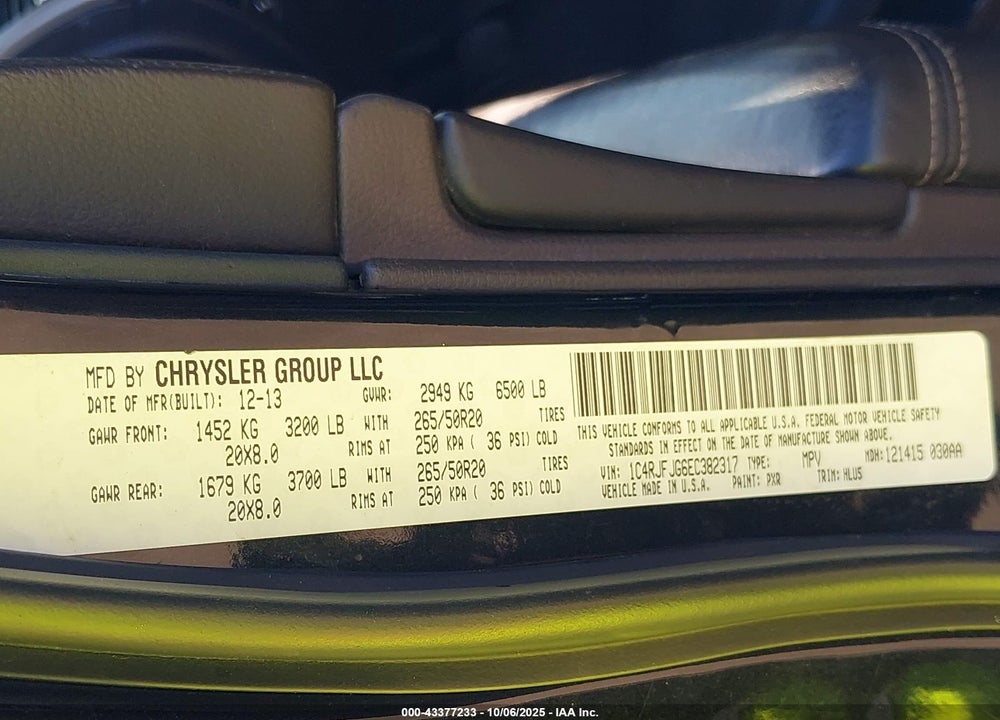 2014 JEEP GRAND CHEROKEE VIN: 1C4RJFJG6EC382317