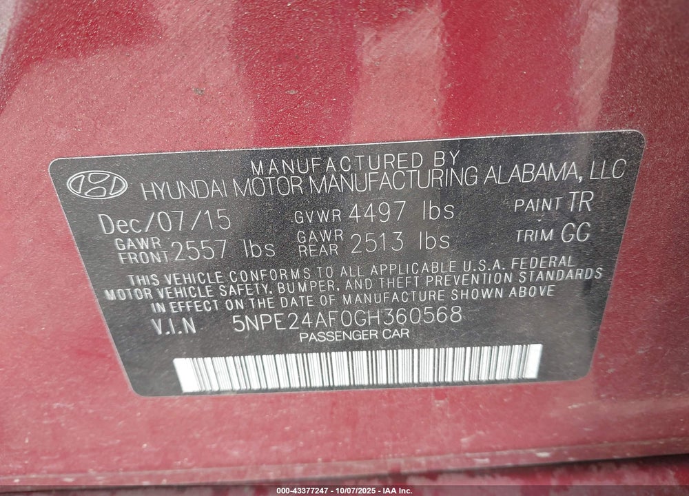 2016 HYUNDAI SONATA VIN: 5NPE24AF0GH360568