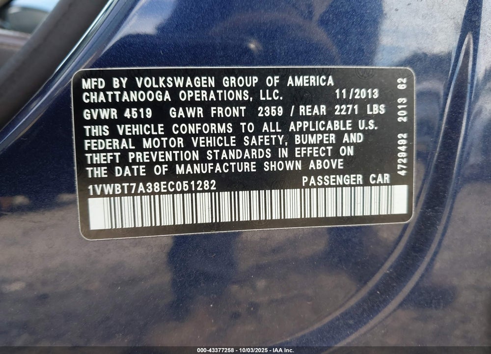 2014 VOLKSWAGEN PASSAT VIN: 1VWBT7A38EC051282