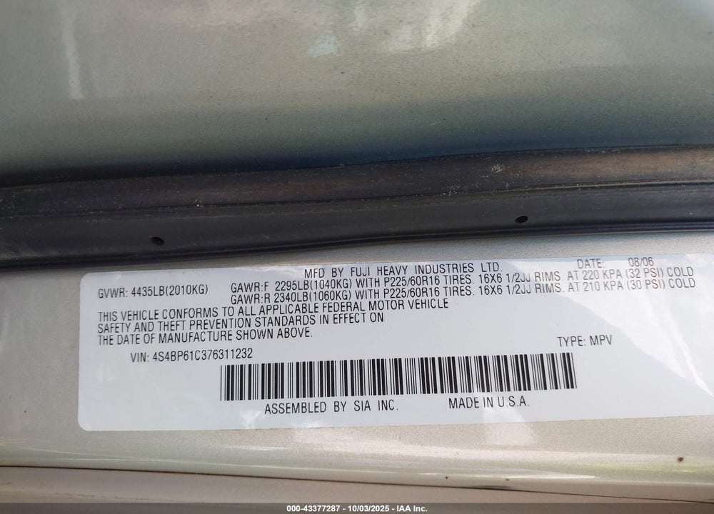 2007 SUBARU OUTBACK VIN: 4S4BP61C376311232