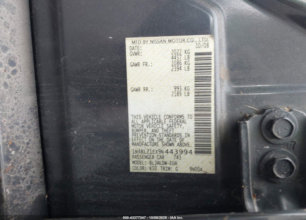 2009 NISSAN ALTIMA VIN: 1N4BL21EX9N443994